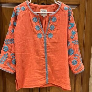 Sigrid Olsen Orange Embroidered Tunic with Mandarin Collar